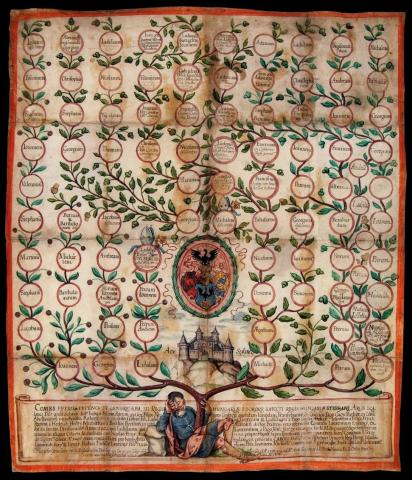 Az Aba nemzetség Szalánczy-ágának pergamenre festett, nagy méretű családfája. 1678  