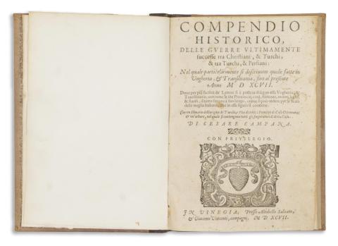 Campana, Cesare  : Campana, Cesare : Compendio historico delle guerre ultimamente succere tra Christiani & Turchi, & tra Turchi, & Persiani nel quale particolarmente si descriuono quelle fatte in Ungheria, & Trasiluania, fino al presente anno M D XCVII. … 1597 Vinegia 