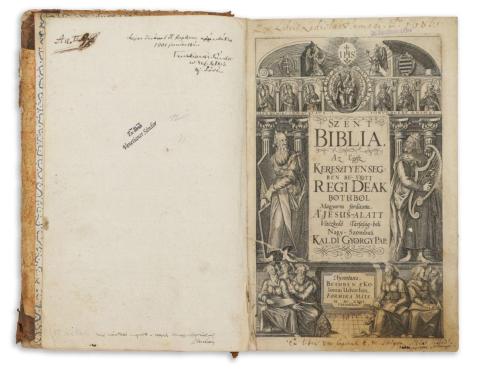 Szent Biblia. Az egesz keresztyénségben bé-vött régi deák bötüböl magyarra forditotta a Jésus-alatt vitézkedö Társaság-béli Nagy-Szombati Káldi György pap. 1626 Bécs 