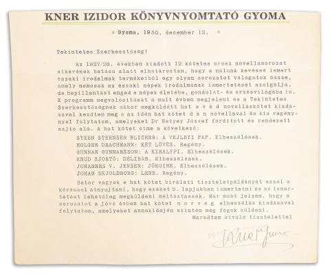 Kner Imre aláírással ellátott levele azonosítatlan szerkesztőséghez  Gyoma, 1930. december 12. 