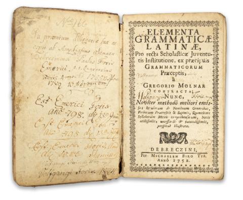 Molnár [Gergely] Gregorius: Elementa grammaticae latinae, pro recta scholasticae juventutis institutione, ex praecipuis grammaticorum praeceptis … contracta. 1752 Debrecen, Biró Mihály 