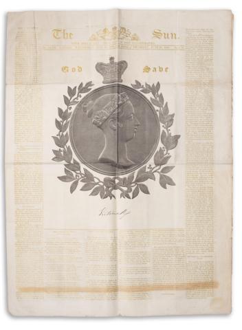 The Sun. Special edition printed for the Coronation of Queen Victoria, 1838   