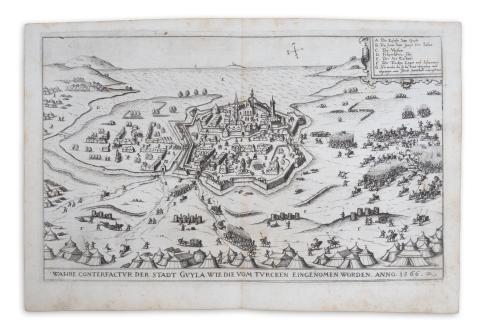 Gyula látképe: Siebmacher, Johann - Wahre Conterfactur der Stadt Gyula...[Gyula 1566. évi ostroma]  Nürnberg, 1620. [in der Furhmännischen Druckerey, bey Johann Friderich Sartorio] 