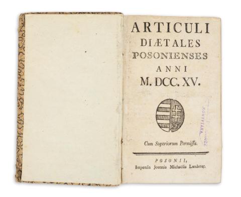 Articuli diaetales Posonienses anni M.DCC.XV. Kolligátum.  Posonii, é. n. Impensis Joannis Michaelis Landerer 