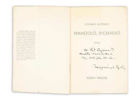 Kopányi György: Panaszoló, dicsekedő. Versek.  [Pécs, 1947, Batsányi Társaság, Kultúra könyvny.] 