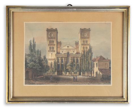 Pécs  látképe a székesegyházzal: Rohbock, Ludwig: A pécsi székesegyház fő homlokzata - Dom in Fünfkirchen Hauptfacade  Darmstadt, 1856, Druck & Verlag von Gustav Georg Lange 