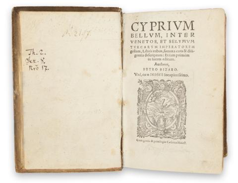 Bizarus, Petrus: Cyprium bellum inter Venetos et Selymum Turcarum Imperatorem gestum libris tribus, summa cura & diligentia descriptum: et iam primùm in lucem editum. [Sammelband]  [Basileae, 1572]. [Sebastian Henricpetri]. 