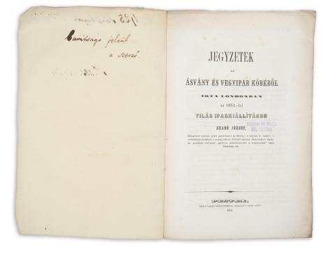 Szabó József: Jegyzetek az ásvány- és vegyipar köréből.   Pesten, 1853. Lukács László könyvny. 