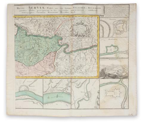 Oettinger, Johann Friedrich: Regnum Bosniae, una cum finitimis Croatiae, Dalmatiae, Slavoniae, Hungariae et Serviae partibus, adjuncta praecipuorum in his regionibus munimentorum ichonographia. Regni Servia pars, una cum finitimis Valachiae, Bulgariae partibus, addita praecipuorum in his regionibus munimentorum et castellorum ichonographia.  Norimbergae, 1740. Homann Heredibus. 
