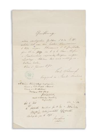 Arany János, az MTA főtitkára és Szilágyi Sándor történész által aláírt számla   Wien – Budapest, 1875. január 5-11. 
