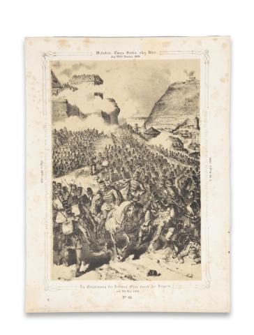 Buda látképe: Katzler, Vinzenz: A magyarok által a budai erősítésnek ostrommal történt elfoglalása majus 20-án 1849. / Die Erstürmung der Festung Ofen durch die Ungarn am 20. Mai 1849.  [Wien, 1850. Benko] 