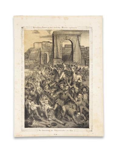 Buda látképe a Lánchíddal: Katzler, Vinzenz: A macskazenészek elkergetése Budábol / Die Vertreibung Klatzenmusiker aus Ofen    [Wien, 1850. Benko] 