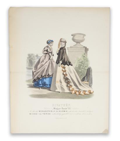 Divatkép. Melléklet a "Magyar Bazár" XIX. számához. [Színezett lithográfia]   Pest, 1867. Ny. Rohn és Grund 