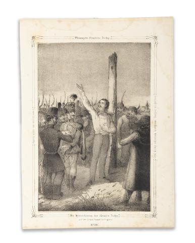 Ziegler, Anton: Gróf Zichy Ödönnek kivégzése Csepel szigetben / Die Hinrichtung des Grafen Zichy auf der Jnsel Csepel in Ungarn.   [Wien, 1850. Benko] 