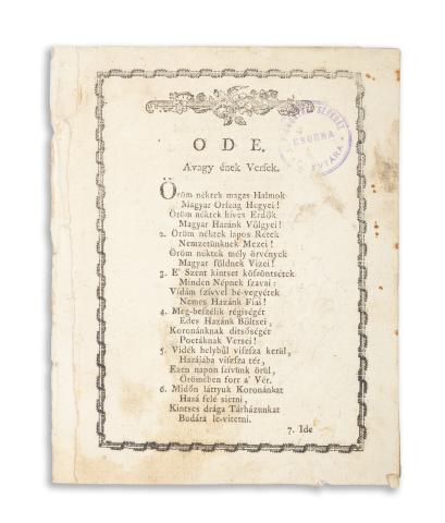 N. Komárom vármegyének városának, es várának pompás öröme,..Ode, avagy ének. Versek  Komáromban, 1790. Wéber Simon Péter betűivel. 