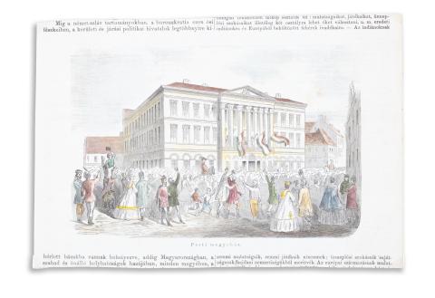 Pesti megyeház. Színezett fametszet  Pest, 1861, Heckenast Gusztáv 