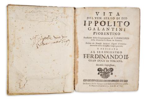 Nigetti, Dionisio Baldocci: Vita del Ven. Servo di Dio Ippolito Galantini Fiorentino fondatore della Congragazione di S. Francesco della dottrina cristiana in Fiorenza. Dedicata al Serenissimo Ferdinando II. Gran Duca di Toscana. Seconda Impressione.  Roma, 1721. Galeazzo Chracas 