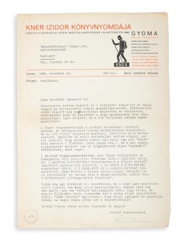 Haiman-Kner György levele [Szíj Rezsőhöz]   Gyoma, 1946. november 19. 