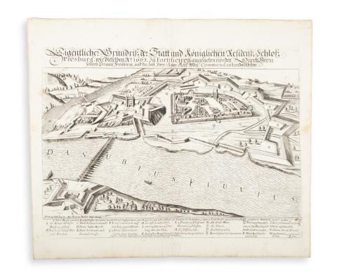 Pozsony látképe madártávlatból: Schnitzer, Lucas  - Eigentlicher Grundriss der Statt und Königlichen Residenz-Schloss Presburg...1663 Fortificiren  [Nürnberg, 1670 előtt, J. A. von Creuz] 