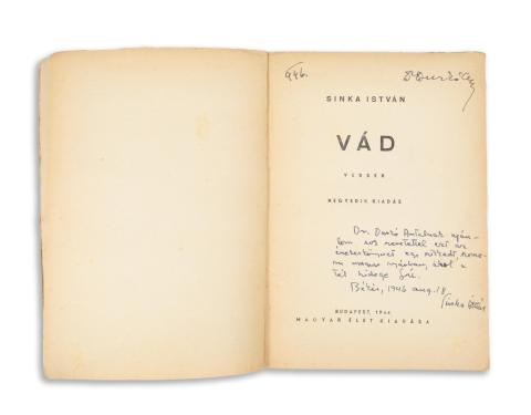 Sinka  : Vád. Versek  Budapest, 1944. Magyar Élet (Pesti Lloyd-Társulat ny.) 