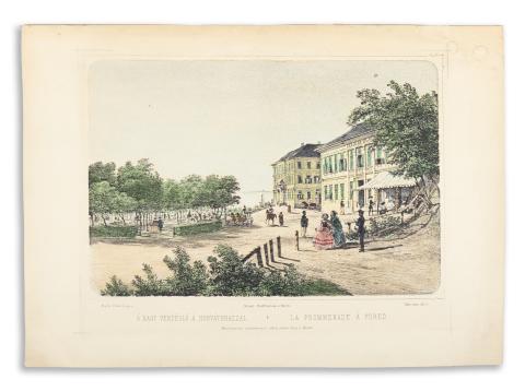 Balatonfüred látképe.  A nagy vendéglő a Horváthházzal - La promenade à Füred  [1840 után] Reiffenstein és Rösch [Bécsben] 