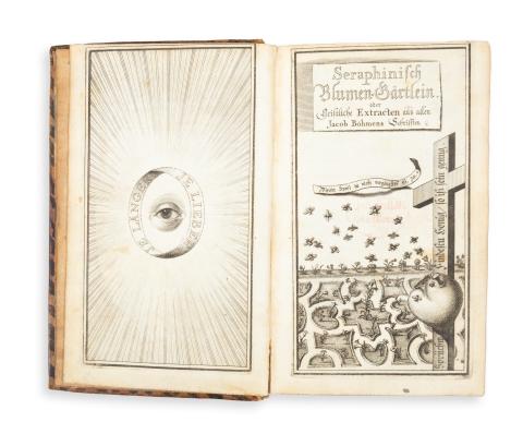 Böhme, Jakob: Der für die Einfältigen epitomirte, nicht tunckel, sondern klar und deutlich, redende hocherleuchtete –.– : Oder Seraphinisch Blumen-Gärtlein   Amsterdam, 1700. "Gedruckt und ans Liecht gegeben durch eine über den Verlust Josephs mit-bekümmerte Seele." [Johann G. Gichtel] 