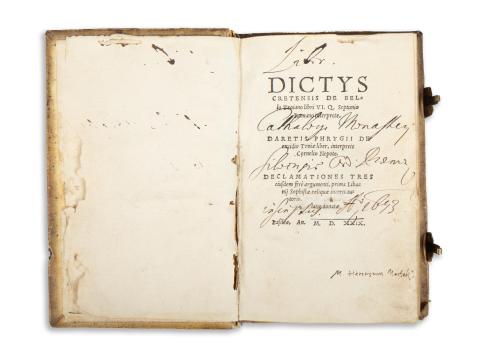 Dictys, Cretensis – Dares, Phrygius –  Libanius: Dictys Cretensis De bello Troiano libri VI. Q. Septimio Romano interprete. Daretis Phrygii De excidio Troiae liber, interprete Cornelio Nepote. Declamationes Tres eiusdem ferè argumenti, prima Libanii Sophistae reliquae incerti autoris ab Erasmo Roterodamo, latio donatae.  Basileae, 1529. [Andreas Cratander]. 