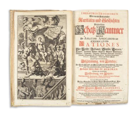 Happelio, Everhardo Guernero [Happel, Eberhard Werner]: Thesaurus exoticorum. Oder eine mit außländischen Raritäten und Geschichten wohlversehene Schatz-Kammer, fürstellend die asiatische, africanische und americanische Nationes  Hamburg, 1688. Th. v. Wiering.  