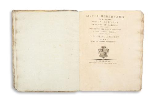 [Caronni, Felice]: Musei Hedervarii in Hungaria Numos antiquos Graecos et Latinos. Descripsit anecdotos vel parum cognitos etiam cupreis tabulis incidi curavit C. Michael A Wiczay opere duas in partes distributo. Pars I-II.  Vindobonae, 1814. Typis Patrum Mechitaristarum. 