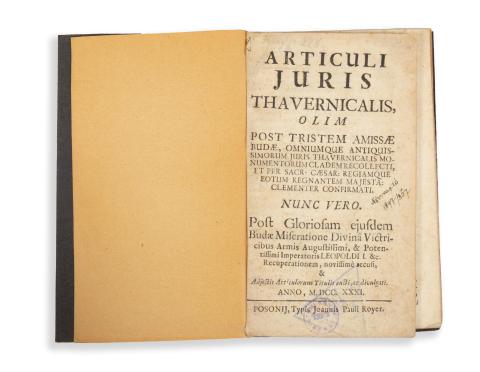 Articuli juris thavernicalis, olim post tristem amissae Budae, omniumque antiquissimorum juris thavernicalis monumentorum cladem recollecti, ...Nunc vero.  Posonij, 1731 Typis Joannis Pauli Royer 