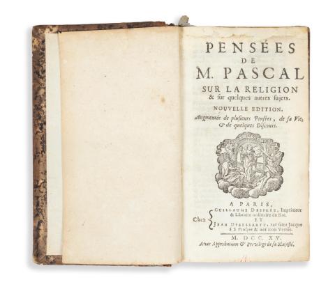 Pascal, Blaise: Pensées de M. Pascal sur la religion & sur quelques autres sujets. Nouvelle édition. augmentée de plusieurs pensées, de sa vie et de quelques discours.  Paris, M.DCC.XV. [1715] Guillaume Desprez & Jean Desessartz  