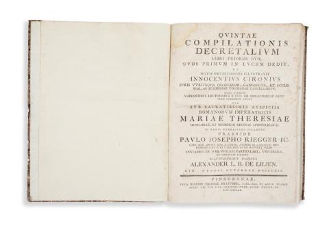  Quintae compilationis decretalium libri priores duo...  Vindobonae, 1762,  Joannis Thomae Trattner 