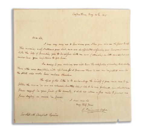 James Fenimore Cooper autográf levele Archibald Campbellhez, New York állam államtitkárához  Cooperstown, 1841. május 30. 