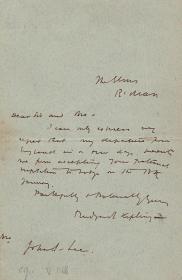 Kipling, Rudyard (1865-1935) író autográf levele.