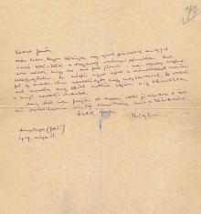 Krúdy Gyula (1878-1933) író autográf levele Miklós Jenő újságírónak, költőnek "Kedves Jenőm" megszólítással.